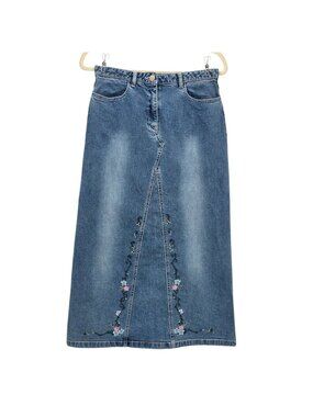 Vintage Tomboy Jeans Womens Small Skirt Denim Embroidered Beaded Long Jean Y2K